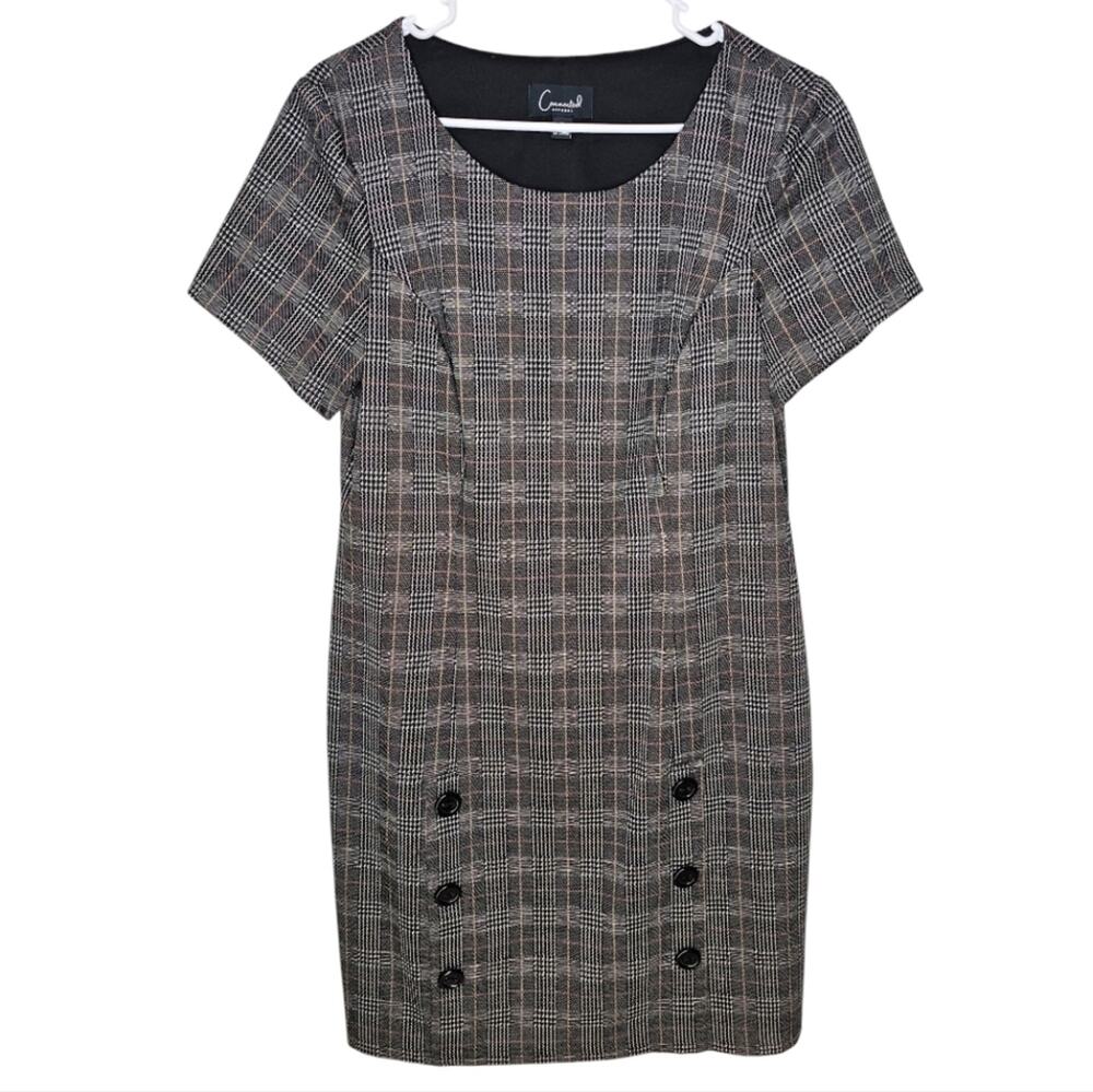 Connected Apparel Sheath Dress in Glen Plaid Button Embellishments Down Front